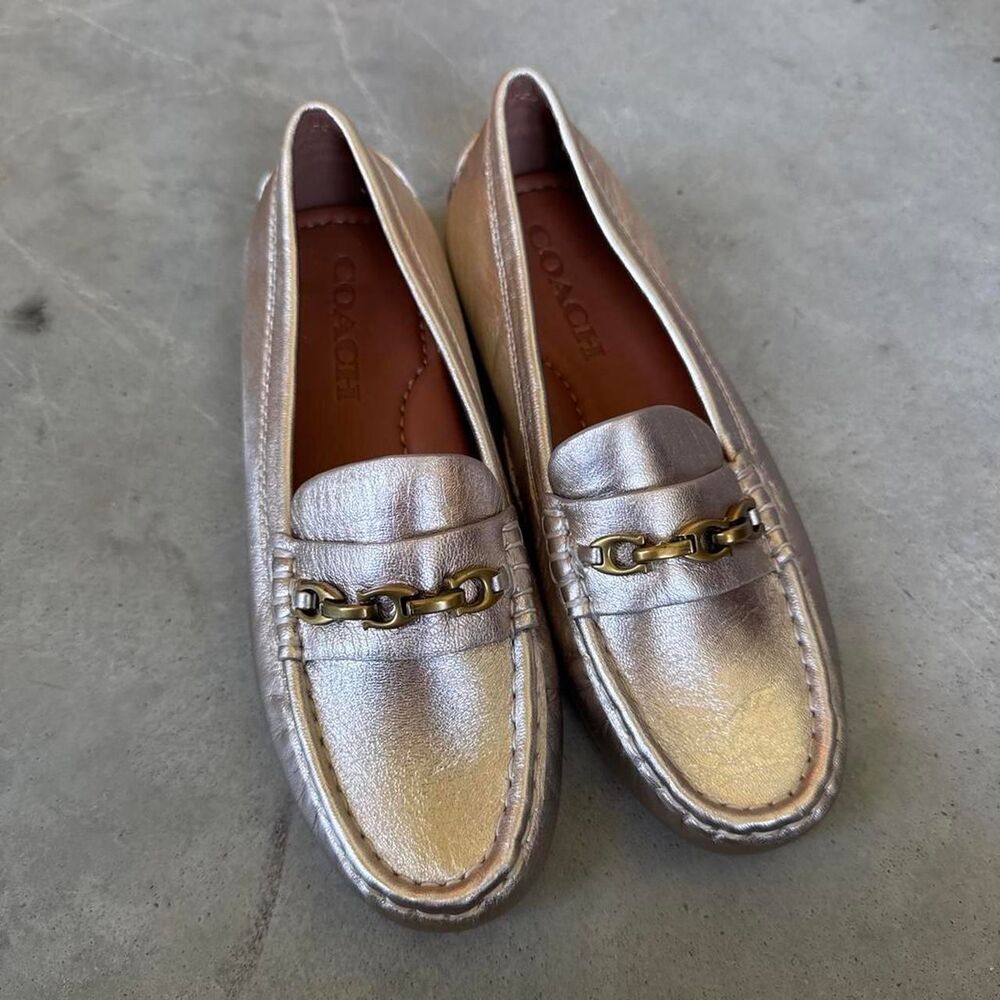 Coach metallic silver loafers with gold chain detail